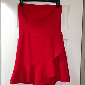Lulus call me up red ruffled strapless skort romper